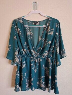 Torrid Teal Floral Flowy Empire Blouse